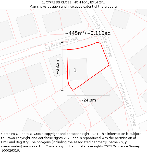 1, CYPRESS CLOSE, HONITON, EX14 2YW: Plot and title map