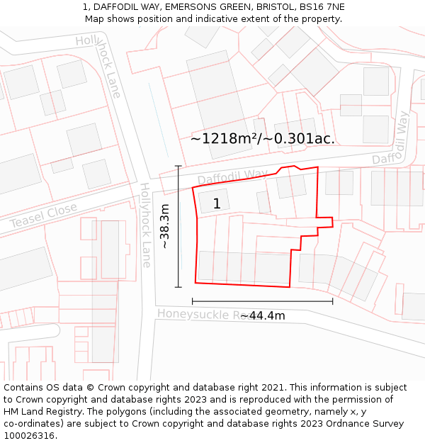 1, DAFFODIL WAY, EMERSONS GREEN, BRISTOL, BS16 7NE: Plot and title map