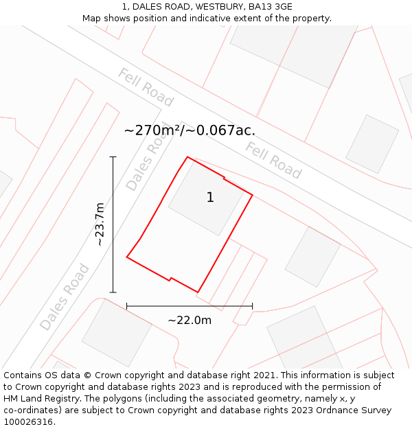 1, DALES ROAD, WESTBURY, BA13 3GE: Plot and title map