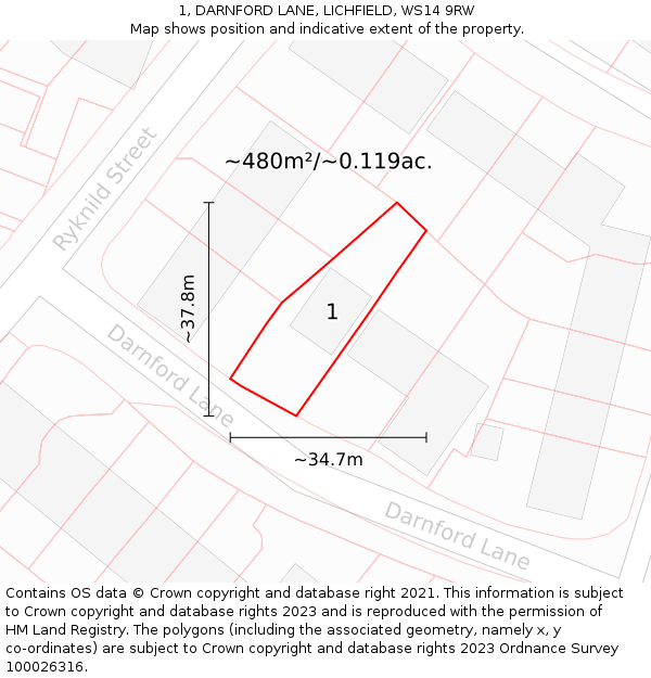 1, DARNFORD LANE, LICHFIELD, WS14 9RW: Plot and title map