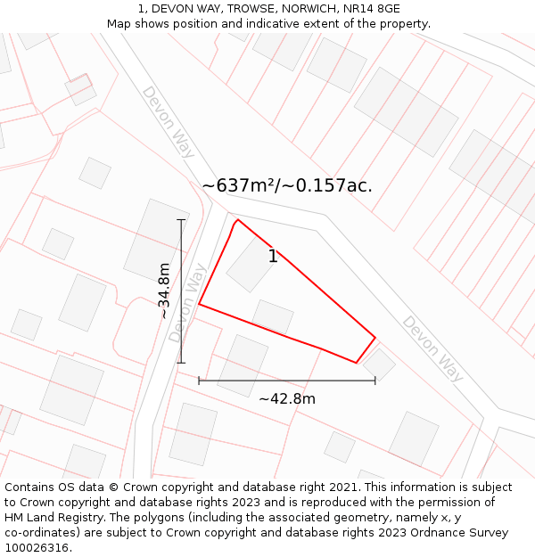 1, DEVON WAY, TROWSE, NORWICH, NR14 8GE: Plot and title map