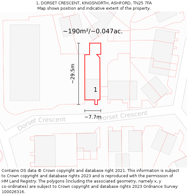 1, DORSET CRESCENT, KINGSNORTH, ASHFORD, TN25 7FA: Plot and title map