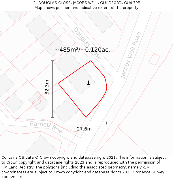 1, DOUGLAS CLOSE, JACOBS WELL, GUILDFORD, GU4 7PB: Plot and title map