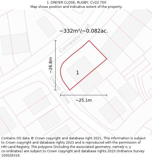 1, DREYER CLOSE, RUGBY, CV22 7SX: Plot and title map