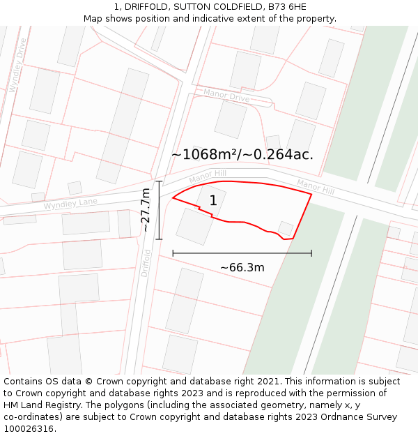 1, DRIFFOLD, SUTTON COLDFIELD, B73 6HE: Plot and title map