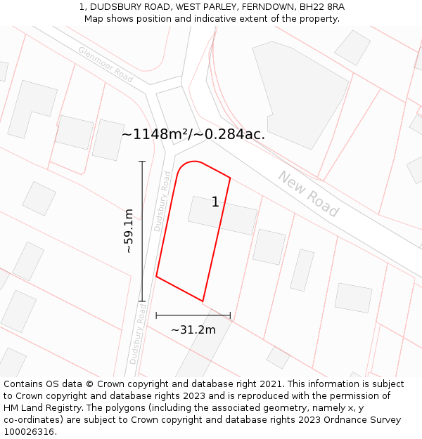 1, DUDSBURY ROAD, WEST PARLEY, FERNDOWN, BH22 8RA: Plot and title map