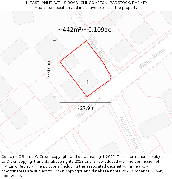 1, EAST LYNNE, WELLS ROAD, CHILCOMPTON, RADSTOCK, BA3 4EY: Plot and title map