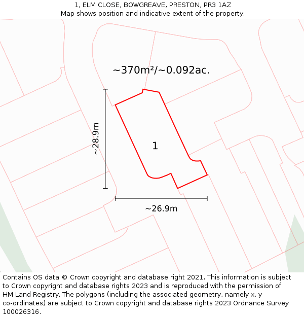 1, ELM CLOSE, BOWGREAVE, PRESTON, PR3 1AZ: Plot and title map