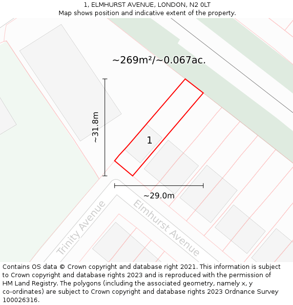 1, ELMHURST AVENUE, LONDON, N2 0LT: Plot and title map