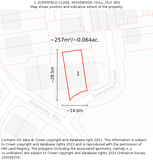 1, EVERSFIELD CLOSE, KINGSWOOD, HULL, HU7 3EQ: Plot and title map