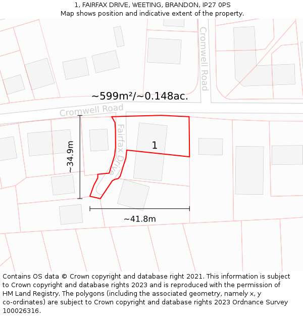 1, FAIRFAX DRIVE, WEETING, BRANDON, IP27 0PS: Plot and title map