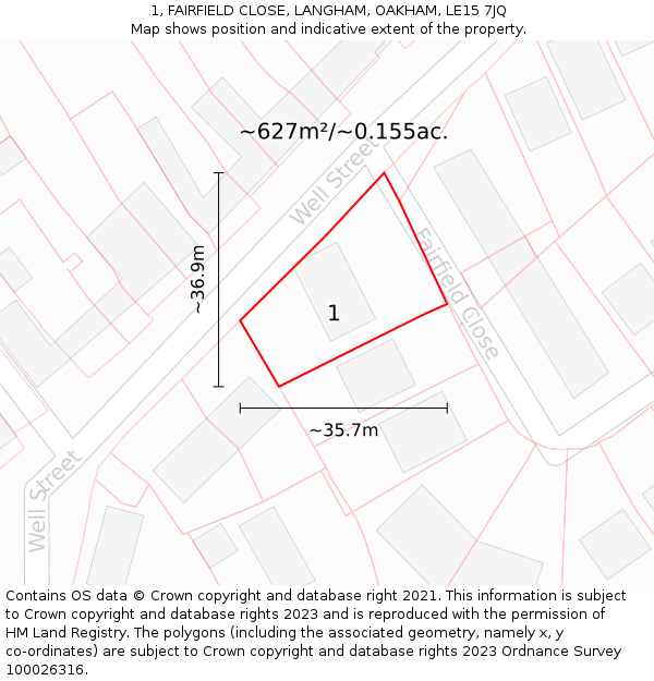 1, FAIRFIELD CLOSE, LANGHAM, OAKHAM, LE15 7JQ: Plot and title map