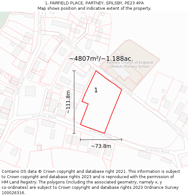 1, FAIRFIELD PLACE, PARTNEY, SPILSBY, PE23 4PA: Plot and title map