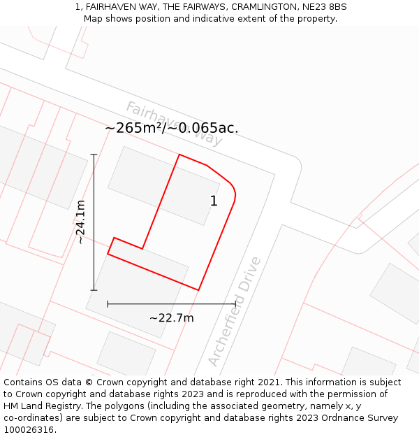 1, FAIRHAVEN WAY, THE FAIRWAYS, CRAMLINGTON, NE23 8BS: Plot and title map