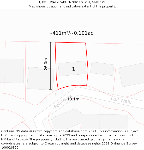 1, FELL WALK, WELLINGBOROUGH, NN8 5ZU: Plot and title map