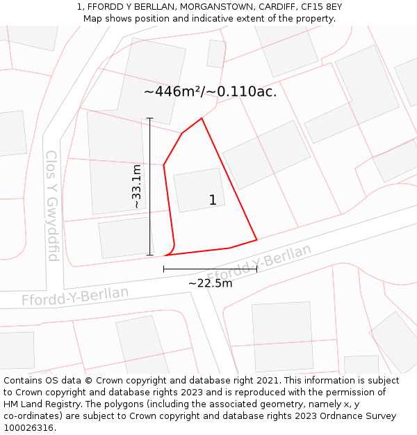 1, FFORDD Y BERLLAN, MORGANSTOWN, CARDIFF, CF15 8EY: Plot and title map