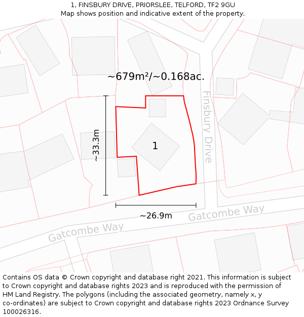 1, FINSBURY DRIVE, PRIORSLEE, TELFORD, TF2 9GU: Plot and title map