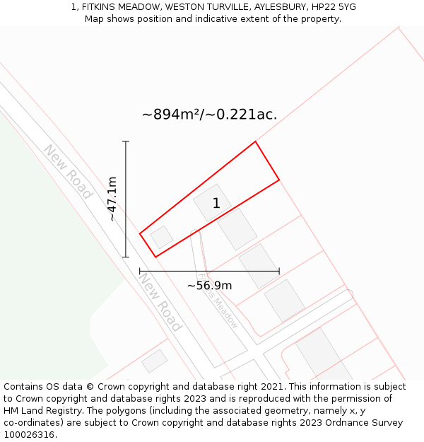 1, FITKINS MEADOW, WESTON TURVILLE, AYLESBURY, HP22 5YG: Plot and title map