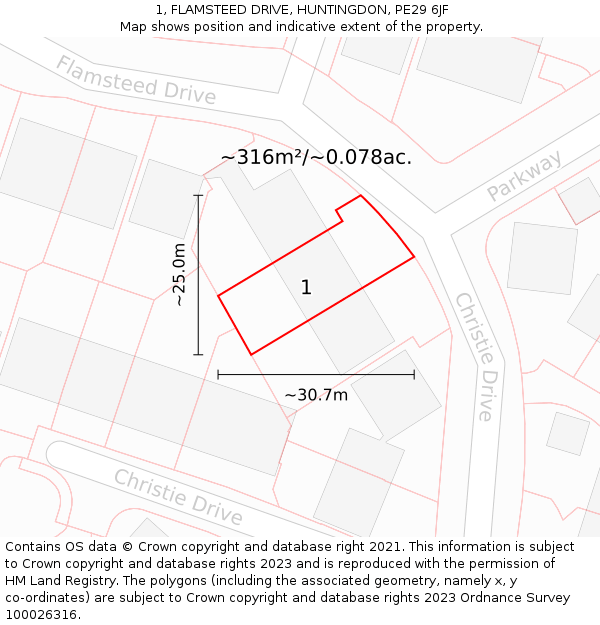 1, FLAMSTEED DRIVE, HUNTINGDON, PE29 6JF: Plot and title map