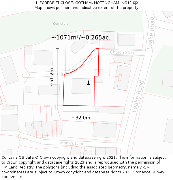 1, FOREDRIFT CLOSE, GOTHAM, NOTTINGHAM, NG11 0JX: Plot and title map