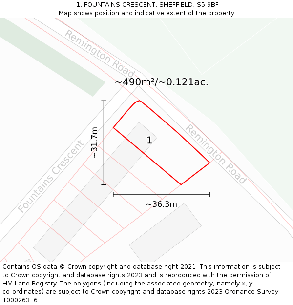 1, FOUNTAINS CRESCENT, SHEFFIELD, S5 9BF: Plot and title map