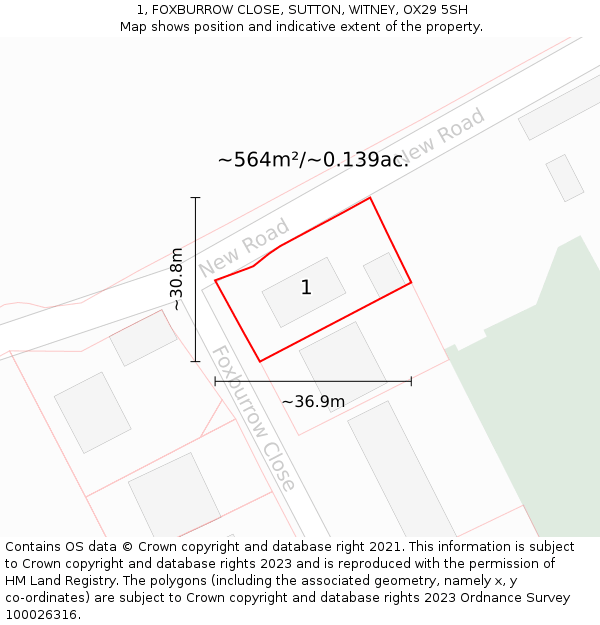 1, FOXBURROW CLOSE, SUTTON, WITNEY, OX29 5SH: Plot and title map