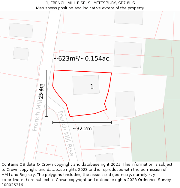 1, FRENCH MILL RISE, SHAFTESBURY, SP7 8HS: Plot and title map