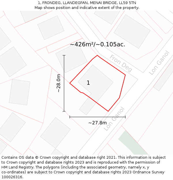 1, FRONDEG, LLANDEGFAN, MENAI BRIDGE, LL59 5TN: Plot and title map