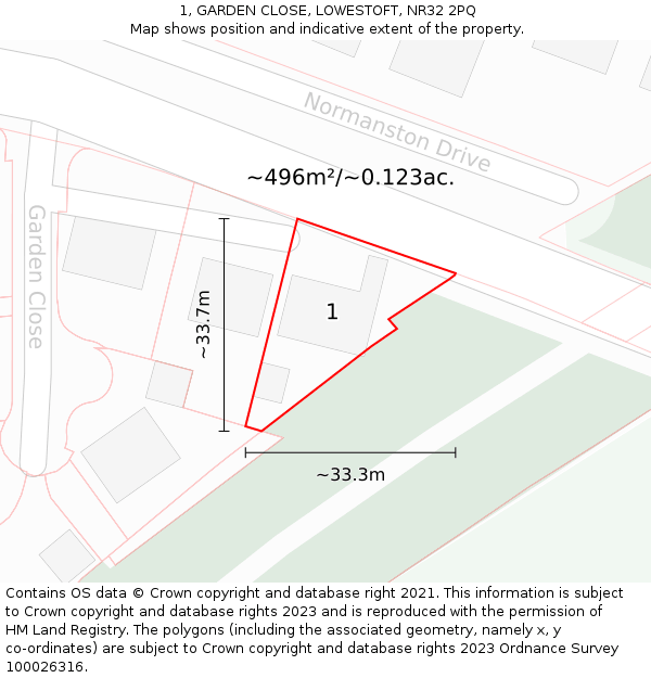 1, GARDEN CLOSE, LOWESTOFT, NR32 2PQ: Plot and title map