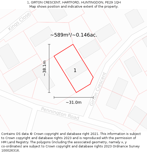 1, GIRTON CRESCENT, HARTFORD, HUNTINGDON, PE29 1QH: Plot and title map