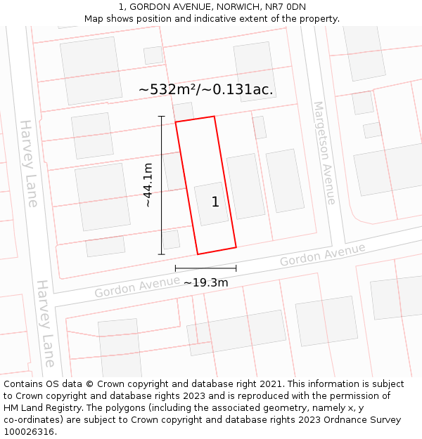 1, GORDON AVENUE, NORWICH, NR7 0DN: Plot and title map