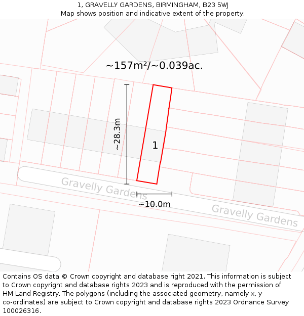 1, GRAVELLY GARDENS, BIRMINGHAM, B23 5WJ: Plot and title map