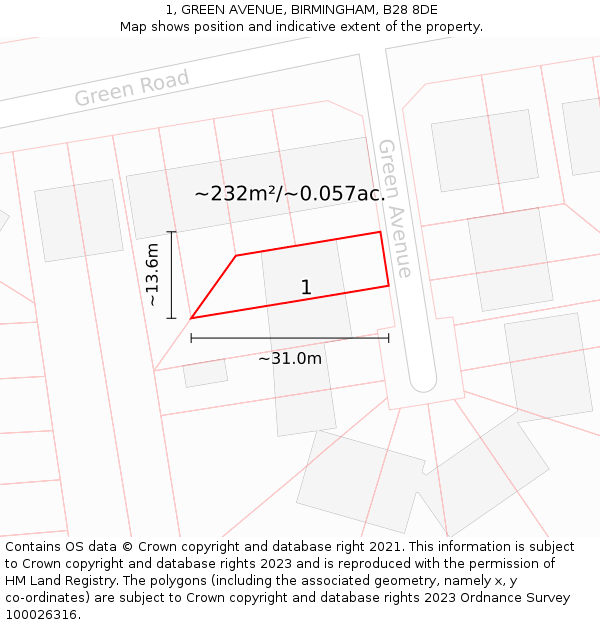 1, GREEN AVENUE, BIRMINGHAM, B28 8DE: Plot and title map