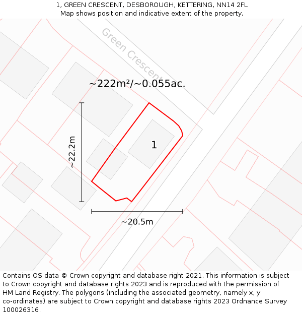 1, GREEN CRESCENT, DESBOROUGH, KETTERING, NN14 2FL: Plot and title map