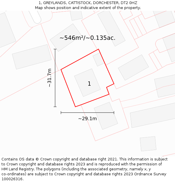 1, GREYLANDS, CATTISTOCK, DORCHESTER, DT2 0HZ: Plot and title map