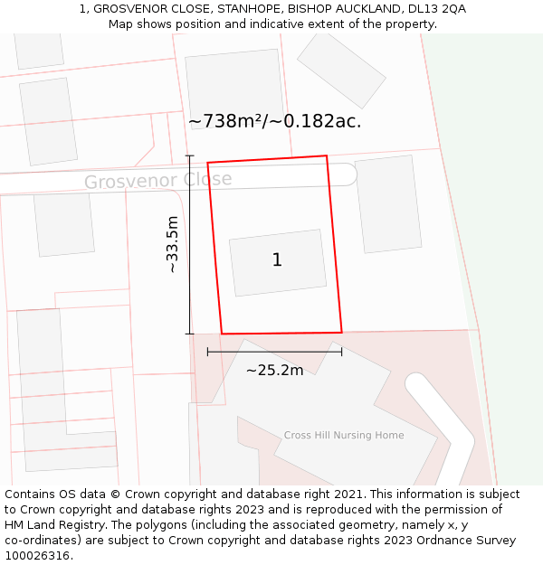 1, GROSVENOR CLOSE, STANHOPE, BISHOP AUCKLAND, DL13 2QA: Plot and title map