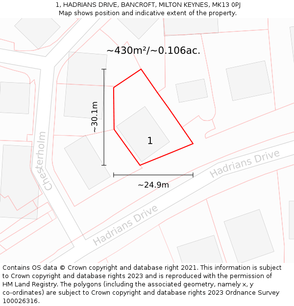 1, HADRIANS DRIVE, BANCROFT, MILTON KEYNES, MK13 0PJ: Plot and title map