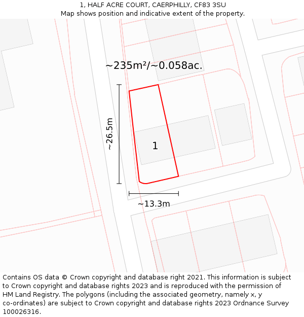 1, HALF ACRE COURT, CAERPHILLY, CF83 3SU: Plot and title map