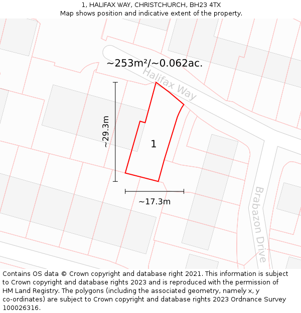 1, HALIFAX WAY, CHRISTCHURCH, BH23 4TX: Plot and title map