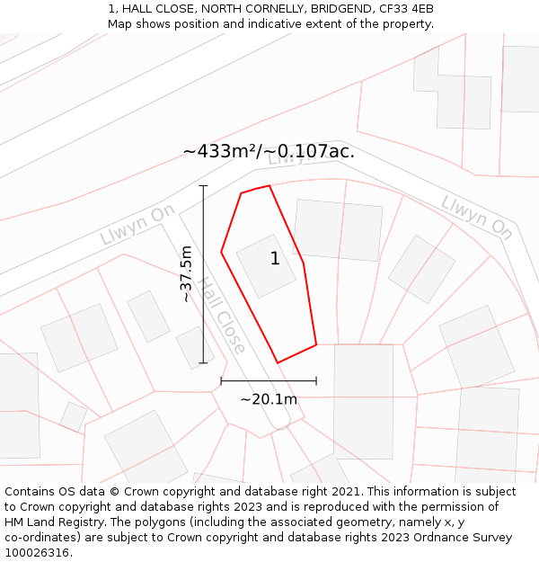 1, HALL CLOSE, NORTH CORNELLY, BRIDGEND, CF33 4EB: Plot and title map