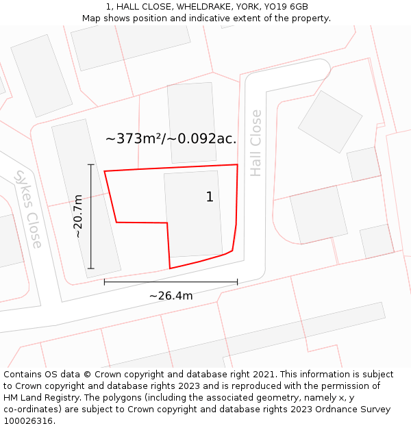 1, HALL CLOSE, WHELDRAKE, YORK, YO19 6GB: Plot and title map