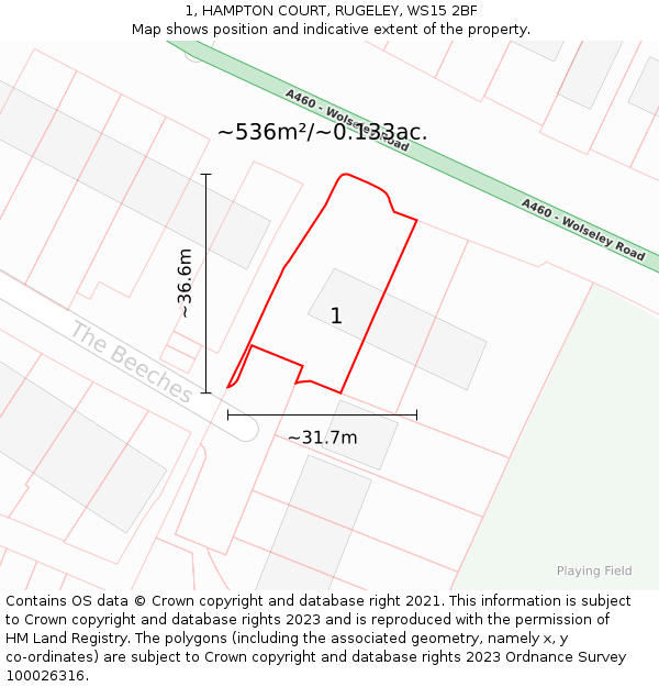 1, HAMPTON COURT, RUGELEY, WS15 2BF: Plot and title map