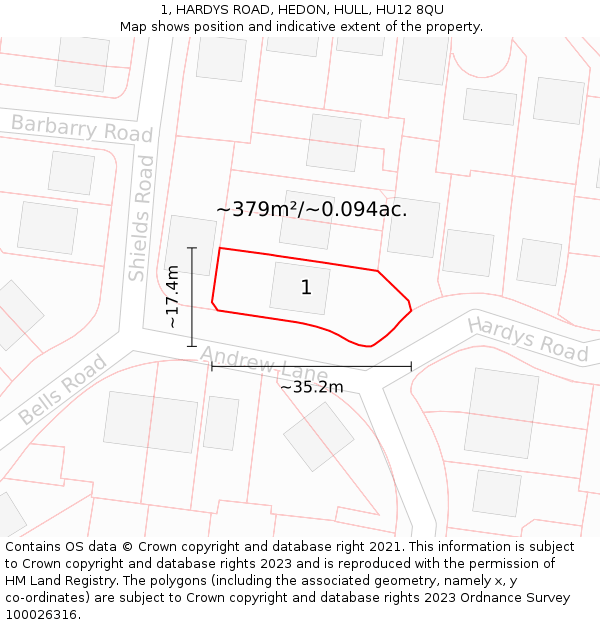 1, HARDYS ROAD, HEDON, HULL, HU12 8QU: Plot and title map