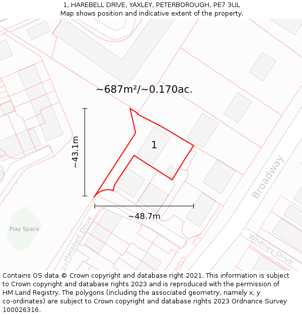 1, HAREBELL DRIVE, YAXLEY, PETERBOROUGH, PE7 3UL: Plot and title map