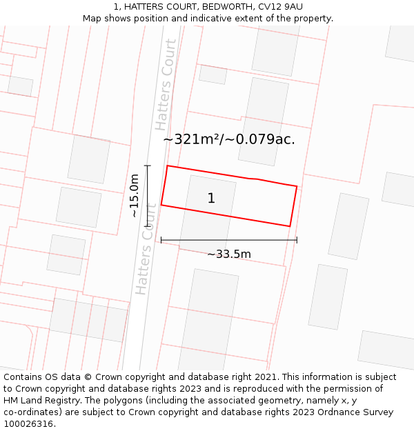 1, HATTERS COURT, BEDWORTH, CV12 9AU: Plot and title map