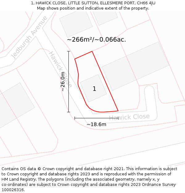 1, HAWICK CLOSE, LITTLE SUTTON, ELLESMERE PORT, CH66 4JU: Plot and title map