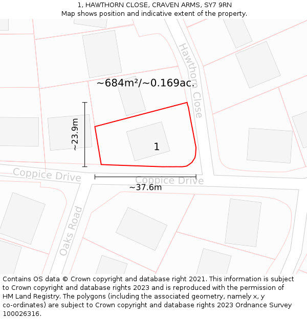 1, HAWTHORN CLOSE, CRAVEN ARMS, SY7 9RN: Plot and title map