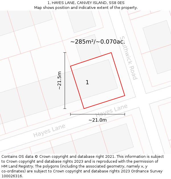 1, HAYES LANE, CANVEY ISLAND, SS8 0ES: Plot and title map