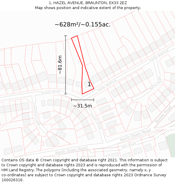 1, HAZEL AVENUE, BRAUNTON, EX33 2EZ: Plot and title map