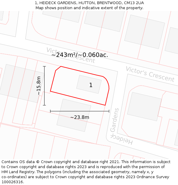 1, HEIDECK GARDENS, HUTTON, BRENTWOOD, CM13 2UA: Plot and title map